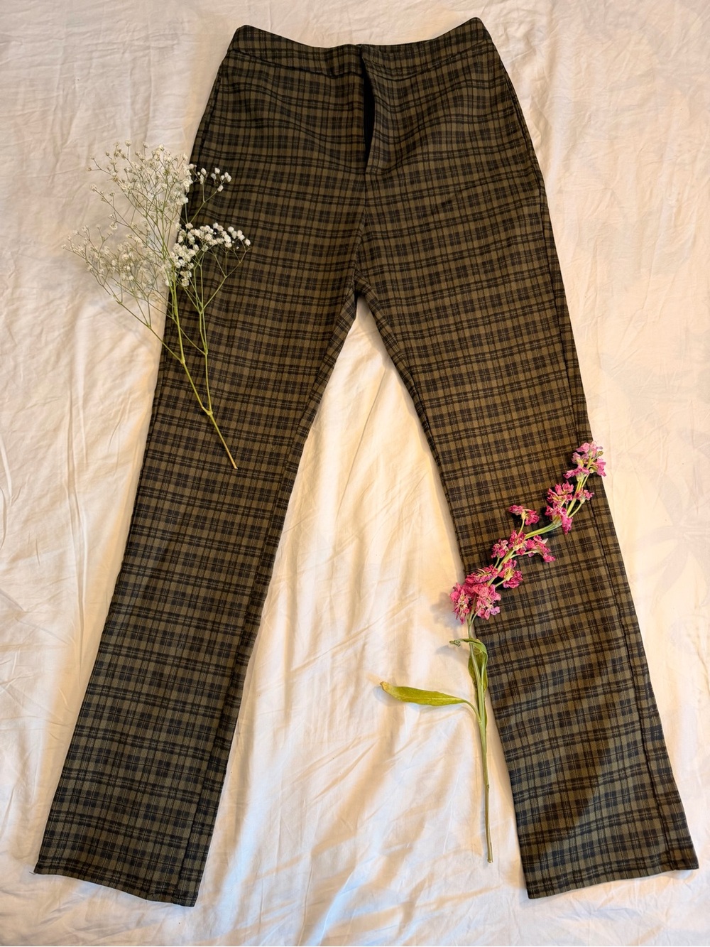 Forever 21 Olive Plaid Straight Leg Trousers
